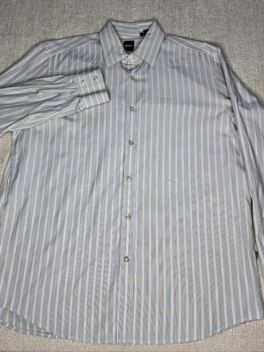 Hugo Boss BOSS Dress Shirt Mens XL Tan White Stripe Long Sleeve Button Up